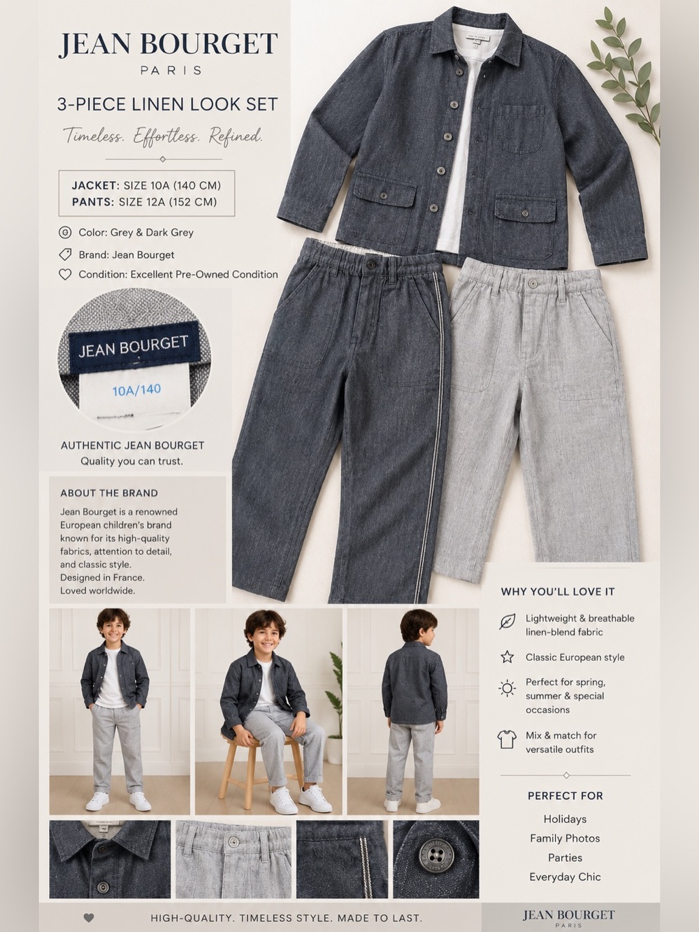 Jean Bourget Grey & Dark Grey Kids' Linen-Look Jacket and Pants Set